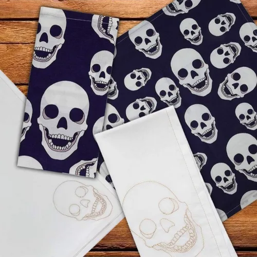 Miniatura 2 de Servilletas de tela 100% algodón con estampado de calavera, azul y blanco, 20 x 20 pulgadas, servilletas decorativas de cocina y mesa de Halloween
