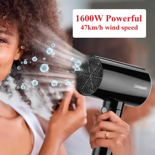 Miniatura 4 de Secador de pelo plegable pequeño de 1600 W, negro Secador compacto de secado rápido con concentrador y tiro frío