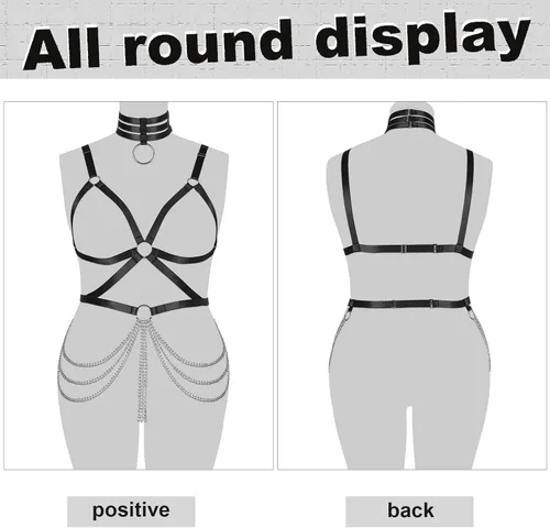 Miniatura 5 de Arnés de cuerpo de talla grande para mujer y niña, cadena de metal hueca completa, brasier de jaula, medias de liga, ropa gótica rave
