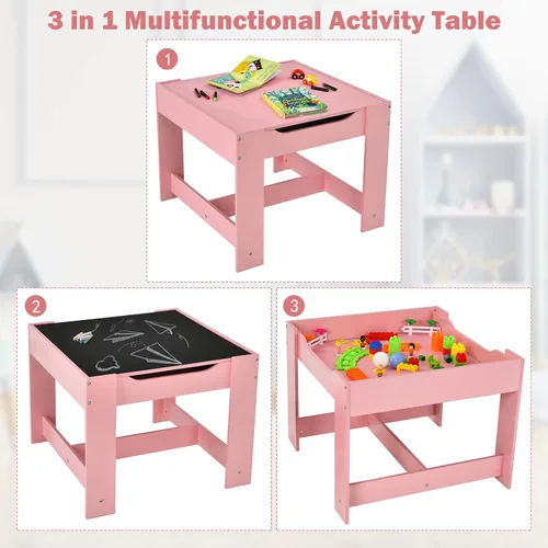 Miniatura 3 de Olakids Juego de mesa y silla para niños, juego de escritorio de madera 3 en 1 con pizarra extraíble, cajón de almacenamiento, mesa de actividades