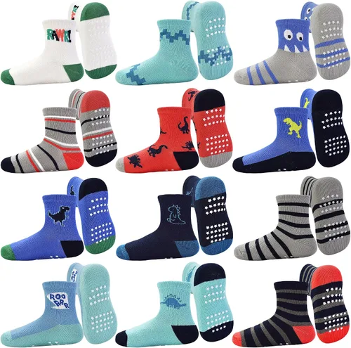 Tphon - Calcetines antideslizantes para bebés y niños pequeños, 12 pares con agarre, calcetines de tripa para niños de 0 a 7 años, niños y niñas