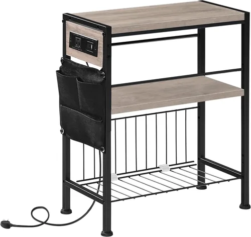 HOOBRO Mesa auxiliar con estación de carga, mesa auxiliar pequeña con soporte para revistas, mesita de noche, estante de almacenamiento de 3 niveles