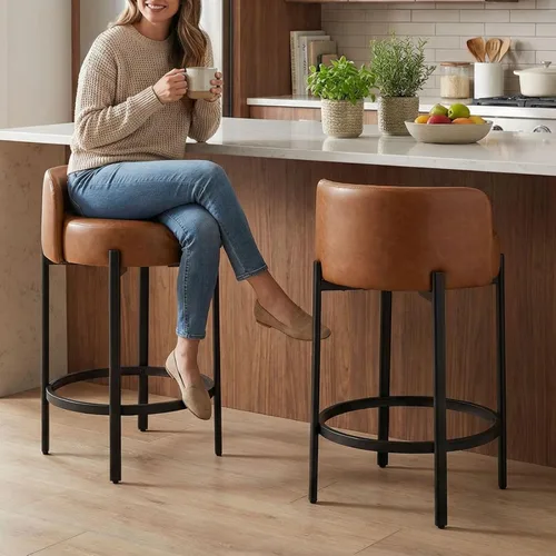 Miniatura 25 de LukeAlon Mid Century Linen Taburete Individual de Mostrador, Tapizado de 26.5" de Altura de Asiento, Taburetes Bajos con Patas de Madera Natural