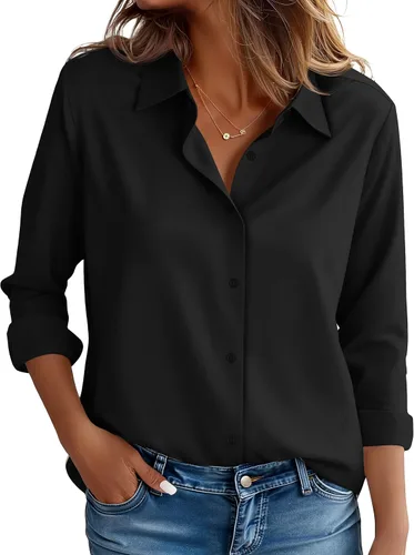 Miniatura 26 de CBOO Camisas resistentes a las manchas para mujer, sin arrugas y sin planchado, blusa de manga larga con botones para oficina Blanco resistente a