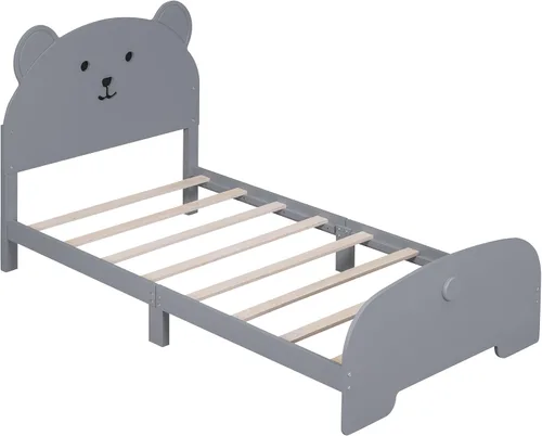 Miniatura 5 de Cama de plataforma de madera de tamaño individual con cabecero y estribo en forma de oso, sin ruido, para niños, adolescentes, niños y niñas,