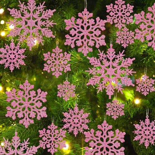 Miniatura 17 de Decoraciones para árbol de Navidad, adornos de copo de nieve, 36 piezas de copos de nieve colgantes de plástico con purpurina azul y plateado