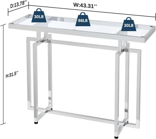Miniatura 2 de ASYA Mesa consola de cristal para entrada, mesa de entrada moderna con vidrio templado y marco cromado, mesa de sofá plateada para sala de estar