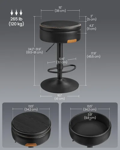 Miniatura 3 de VASAGLE Colección EKHO Taburete de bar giratorio de 360°, taburete de bar ajustable en altura con almacenamiento, cuero sintético con costuras