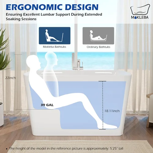 Miniatura 3 de Bañera independiente de acrílico Lucite de 47 pulgadas, bañera de remojo japonesa de forma cuadrada con diseño de asiento, desagüe cromado derecho