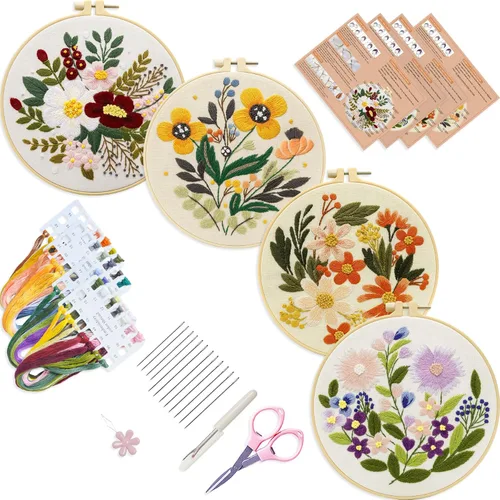 Bonroy 4 juegos de kit de bordado para principiantes de manualidades artísticas de costura fácil incluye ropa de bordado con patrón, aro, manual de