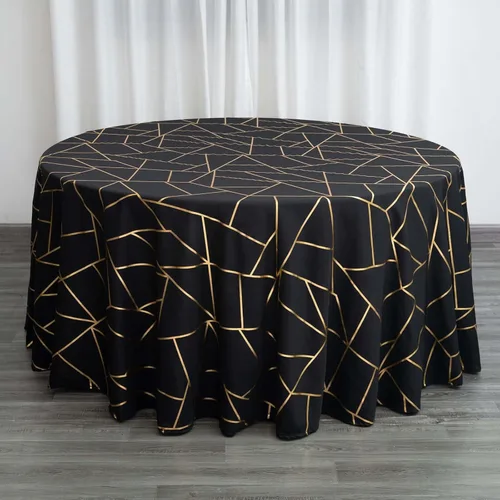 Efavormart - Mantel redondo de poliéster de 120 pulgadas con patrón geométrico dorado Negro
