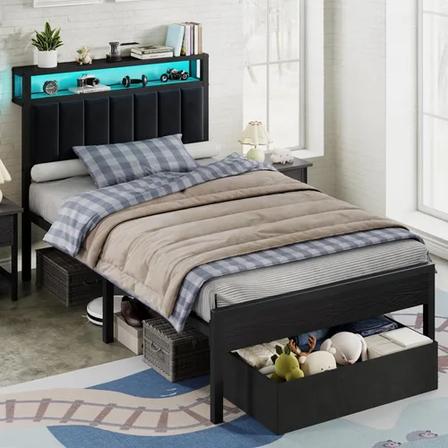 AMERLIFE Base de cama individual con luz LED y 2 cajones de almacenamiento, plataforma de metal con cabecera de almacenamiento, tapizada de