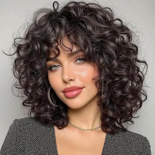 andromeda Pelucas rizadas marrones para mujeres negras, peluca rizada afro suave con flequillo, suelta, bonita, rizada, resistente al calor, aspecto