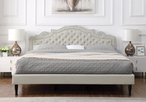 Miniatura 14 de Base de cama de plataforma tapizada tamaño Queen con cabecero ajustable de 47 pulgadas de alto, cama de lino copetuda con botones, soporte de Beige