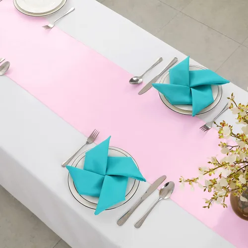 Miniatura 4 de Horbaunal Paquete de 12 caminos de mesa de satén rosa claro de 12 x 108 pulgadas, caminos de mesa lisos para banquetes de boda, fiesta de cumpleaños