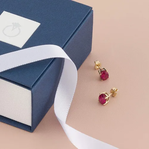 Miniatura 6 de Peora Aretes de rubí creados en oro amarillo macizo de 14 quilates para mujer, aretes solitarios clásicos, forma ovalada de 0.276 x 0.197in, 2