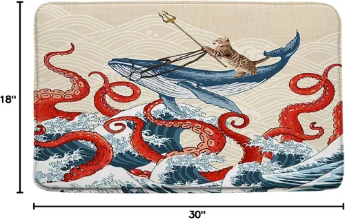 Miniatura 2 de Tapete de baño de tentáculos de pulpo, océano rojo, kraken, animales náuticos, tentáculos de pulpo, grandes olas japonesas, divertido, gato