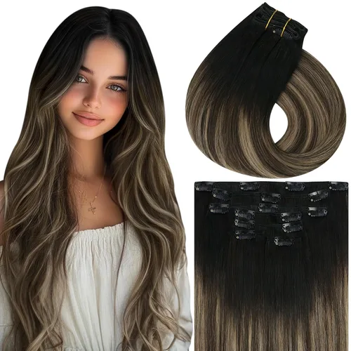 Miniatura 26 de Vivien Extensiones de cabello humano con clip, color negro azabache, extensiones de cabello humano real con pinzas invisibles, doble trama, 14