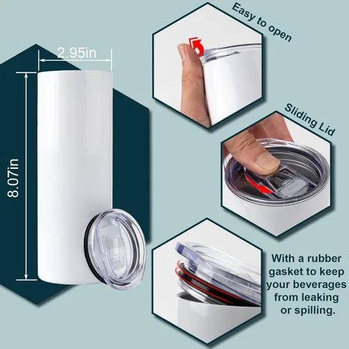 Miniatura 5 de Juego de 12 Vasos de Sublimación de 20 oz, Vasos de Acero Inoxidable de Pared Doble Delgados y Rectos en Blanco, Vaso de Sublimación con Tapa