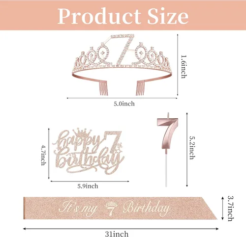 Miniatura 3 de Decoraciones de 7º cumpleaños para niña con banda y tiara, vela numérica y adorno para pastel, suministros de fiesta de oro rosa para niñas de 7 años