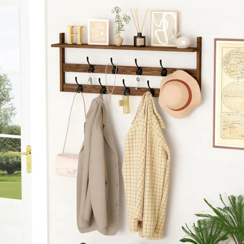 Miniatura 4 de AMBIRD Perchero de pared con estante, perchero de pared de 29" con 9 ganchos de metal para entrada, baño, dormitorio, sala de estar, cocina, ganchos
