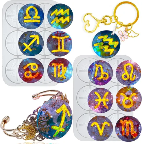 Moldes de resina de cabujón redondo del zodiaco de silicona para llavero de cúpula, dije, collar, colgante, aretes, pulsera, fabricación de joyas