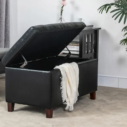 Miniatura 4 de Adeco Otomana de almacenamiento, banco tapizado rectangular de piel sintética con patas de madera, reposapiés, mesa de café para sala de estar, Negro