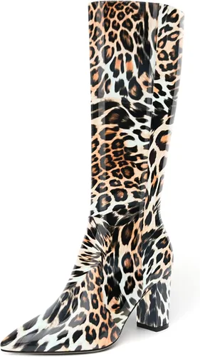 Miniatura 183 de AMBELIGHT Botas altas hasta la rodilla con cremallera y puntera puntiaguda para mujer, de patente sólida, tacón alto, 3.3 pulgadas