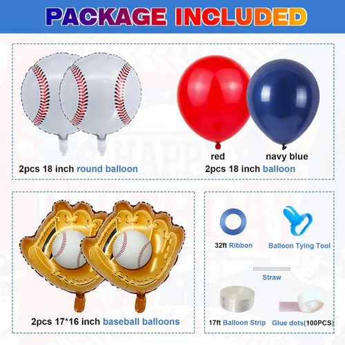 Miniatura 2 de Guirnalda de arco de globos de béisbol, 146 piezas de papel de aluminio de béisbol, guantes de látex de confeti rojo, blanco, azul marino, confeti