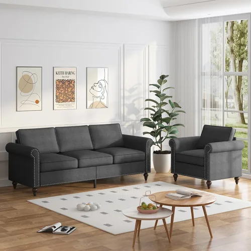Miniatura 16 de PUREMIND Juego de sofá de 2 piezas para muebles de sala de estar, juego de sofá y silla de oficina moderno de lino con patas de madera maciza, sofá