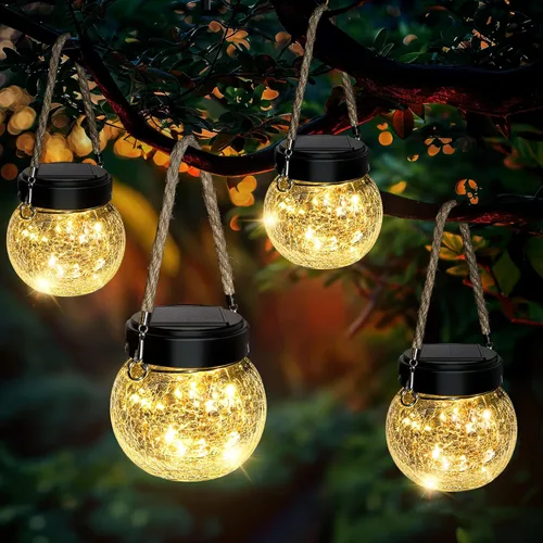 ROSHWEY Paquete de 4 faroles solares de tamaño M para mujeres, luces solares colgantes para decoración de jardín, impermeables, con 15 LED para