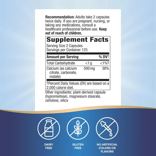 Miniatura 2 de Nature's Way Citrato de calcio, 500 mg de calcio por porción de 2 cápsulas, para la salud ósea y la función muscular*, mezcla de citrato, carbonato