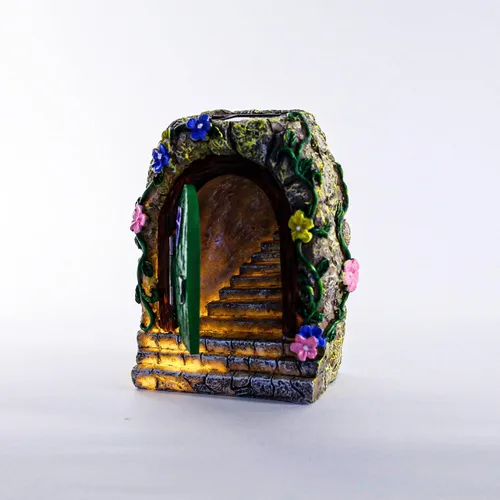Miniatura 2 de Marsrut A Solar Fairy Door Garden Miniaturas con escalones y puerta de apertura: resina, adornos impermeables y brillantes, accesorios iluminados