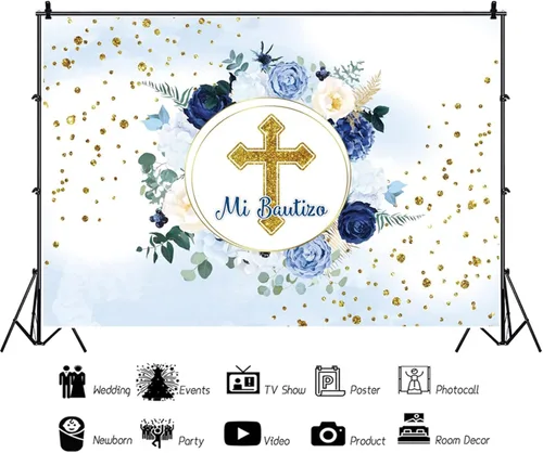 Miniatura 2 de Telón de fondo Mi Bautizo para fiesta de bautismo, primera comunión, fondo de bautizo, flores azules, para niños y niñas, baby shower, decoración