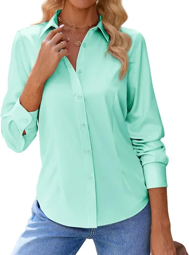 Miniatura 12 de siliteelon Camisas con botones para mujer, con protección contra manchas, de manga larga, sin arrugas, blusas de oficina