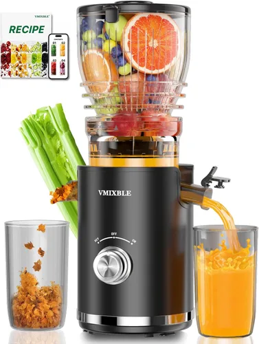 Exprimidor de prensado en frío con canal de alimentación de 5.8 pulgadas de ancho, exprimidor de masticación lenta de 300 W para frutas y verduras
