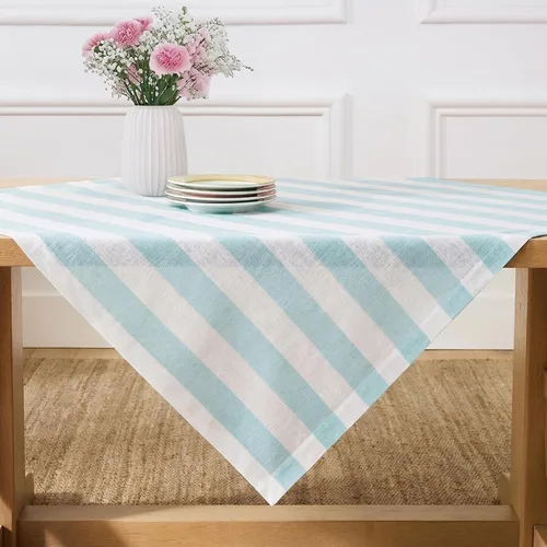 Miniatura 4 de Solino Home Mantel cuadrado de lino de 52 x 52 pulgadas, a rayas cabaña, 100% lino puro, color aguamarina y blanco, lavable a máquina para verano