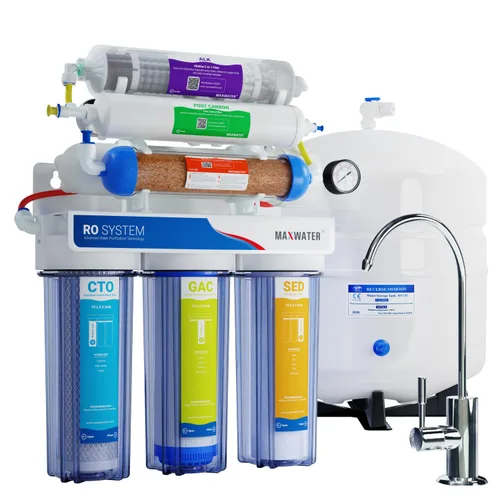 Miniatura 7 de Max Water 11 etapas 50 GPD (galones por día) RO (ósmosis inversa) + U - V y pH alcalino (5 en 1) sistema de filtro de agua debajo del fregadero