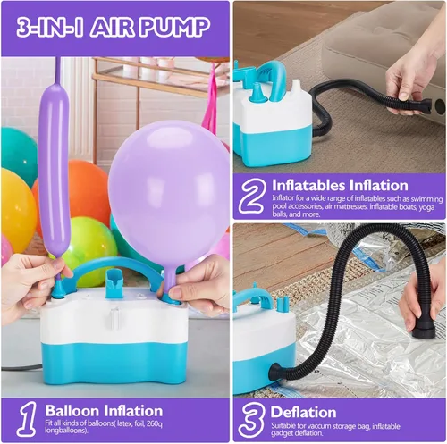 Miniatura 4 de AGPTEK Electric Air Balloon Pump, 110V 600W Rose Red Portable Dual Nozzle Inflator/Blower for Party Decoration E-azul y blanco-3 en 1