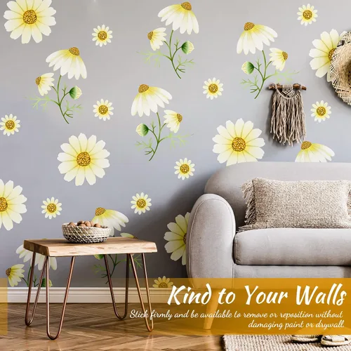 Miniatura 5 de Calcomanías de pared de margaritas para despegar y pegar, calcomanías de pared de vinilo con margaritas amarillas extraíbles, decoración de pared