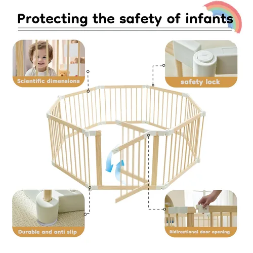 Miniatura 5 de Corralito para bebés, corralito para bebés y niños pequeños, patio de juegos plegable de madera con puerta, centro de actividades ajustable