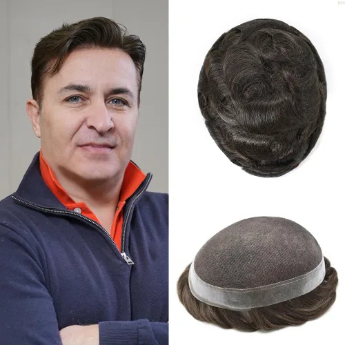 Miniatura 35 de Toupee para hombres Sistema de reemplazo de cabello humano real pieza de cabello humano para hombres encaje suizo para hombre Toupee Hair Pieces