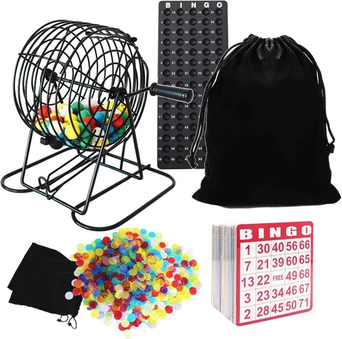Yuanhe Juego de Bingo de Lujo - Incluye Jaula Rotatoria de Metal de 8" con Bolsa de Almacenamiento Grande, 1000 Fichas Coloridas, 100 Tarjetas de