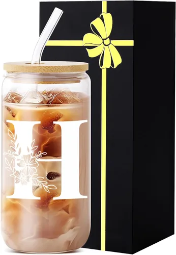 Miniatura 10 de Vaso de vidrio con monograma con tapa, pajita, idea de regalo de moda para amantes del café para mujeres y adolescentes, regalo personalizado