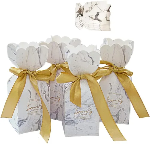 KUPOO 50 cajas de dulces para boda, fiesta de cumpleaños, caja de regalo con decoración de cinta dorada para boda, despedida de soltera, baby Mármol