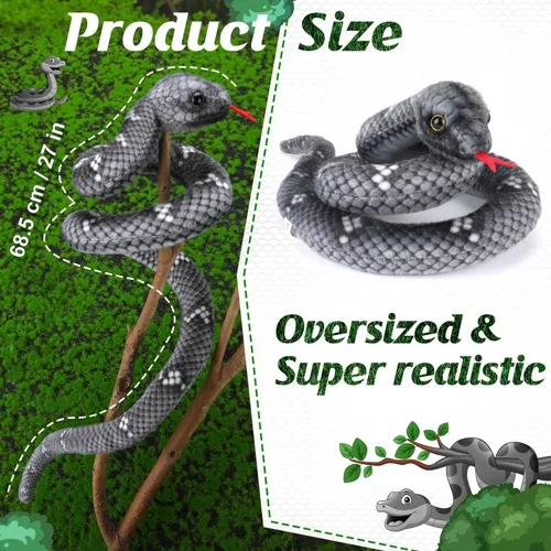 Miniatura 5 de Peluche de serpiente, animal de serpiente de peluche, serpientes de juguete pequeñas de 27 pulgadas para niños, animales de peluche gigantes, Negro