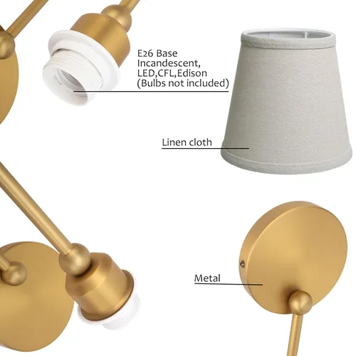 Miniatura 6 de Pathson Antique Linen Fabric Wall Sconces Set of 2, Hardwired Curved Arm Bathroom Vanity Light, Indoor Wall Decor Lamp for Living Room, Kitchen