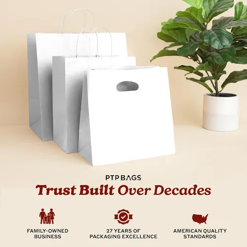 Miniatura 7 de PTP - 250 bolsas de mano para regalo, de papel, Kraft Perfectas para cumpleaños, bodas, vacaciones y toda ocasión Colores blanco o natural