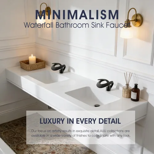 Miniatura 3 de AUU - Elegante grifo de lavabo de baño con un solo agujero, cascada negro mate, grifo de lavabo de latón sólido, grifo de lavabo de una sola manija