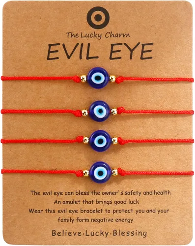 SUMMER LOVE Juego de 4 pulseras contra el mal de ojo, color negro y rojo, protección de la suerte, pulseras ajustables hechas a mano para mujeres y